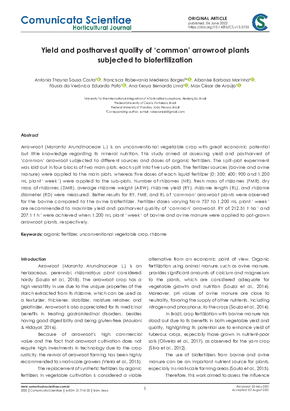 (PDF) Yield and postharvest quality of 'common' arrowroot plants ...