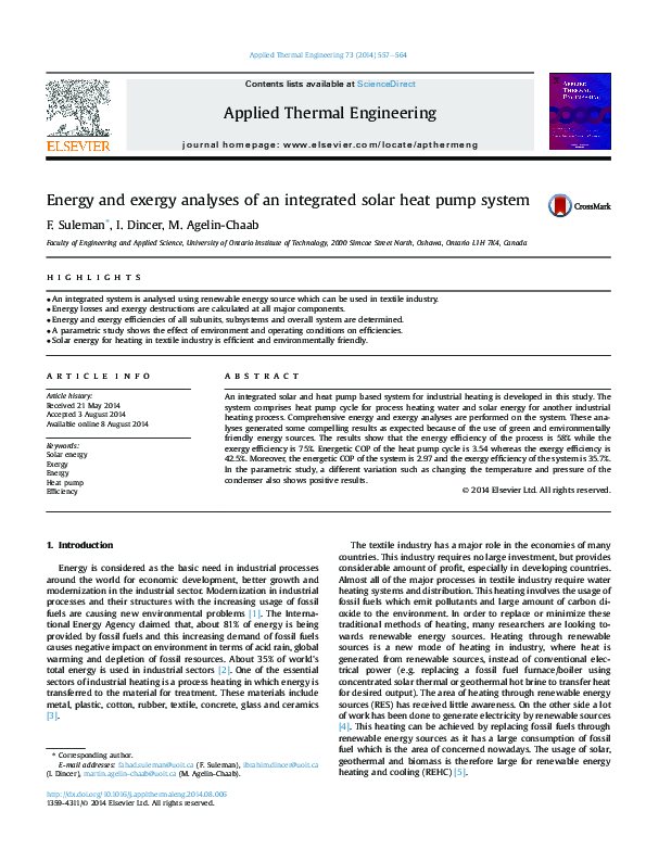 (PDF) Energy and exergy analyses of an integrated solar heat pump system