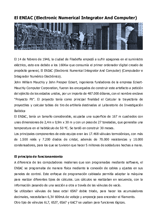 (PDF) El ENIAC (Electronic Numerical Integrator And Computer