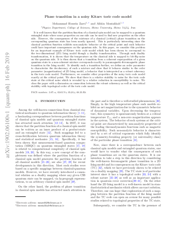 (PDF) Phase transition in a noisy Kitaev toric code model