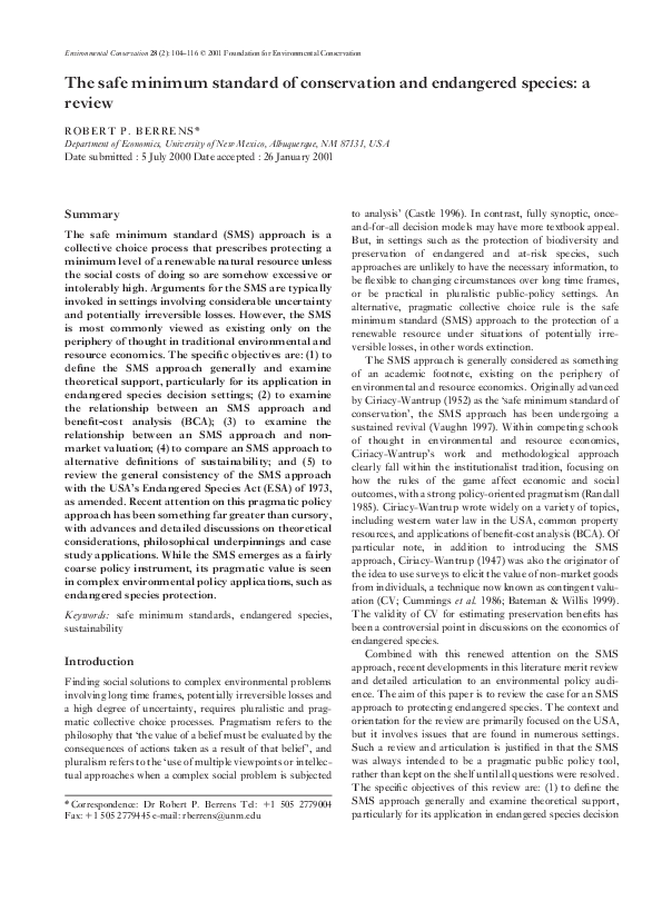 (PDF) The safe minimum standard of conservation and endangered species ...
