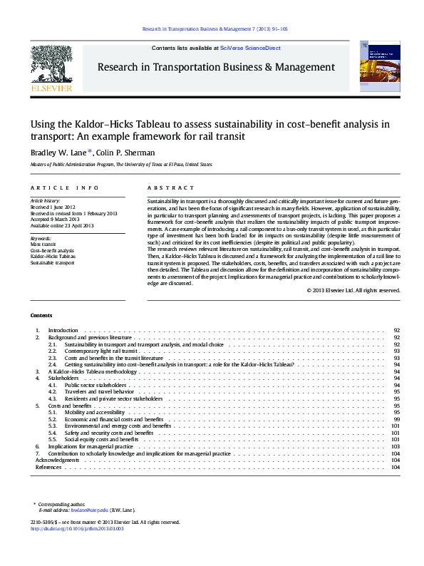 (PDF) Using the Kaldor–Hicks Tableau to assess sustainability in cost ...