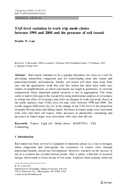 (PDF) TAZ-level variation in work trip mode choice between 1990 and ...