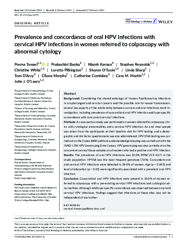 (PDF) Prevalence and concordance of oral HPV infections with cervical ...