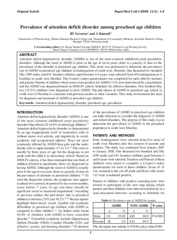 (PDF) Prevalence of attention deficit disorder among preschool age children