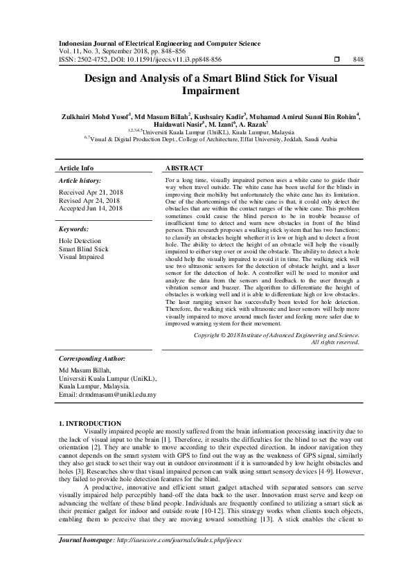 (PDF) Design and Analysis of a Smart Blind Stick for Visual Impairment
