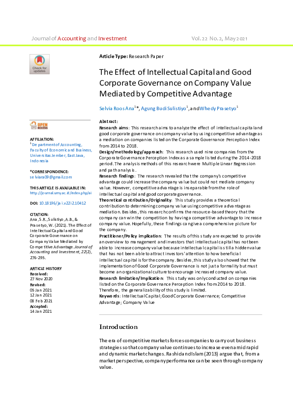 (PDF) The Effect of Intellectual Capital and Good Corporate Governance ...