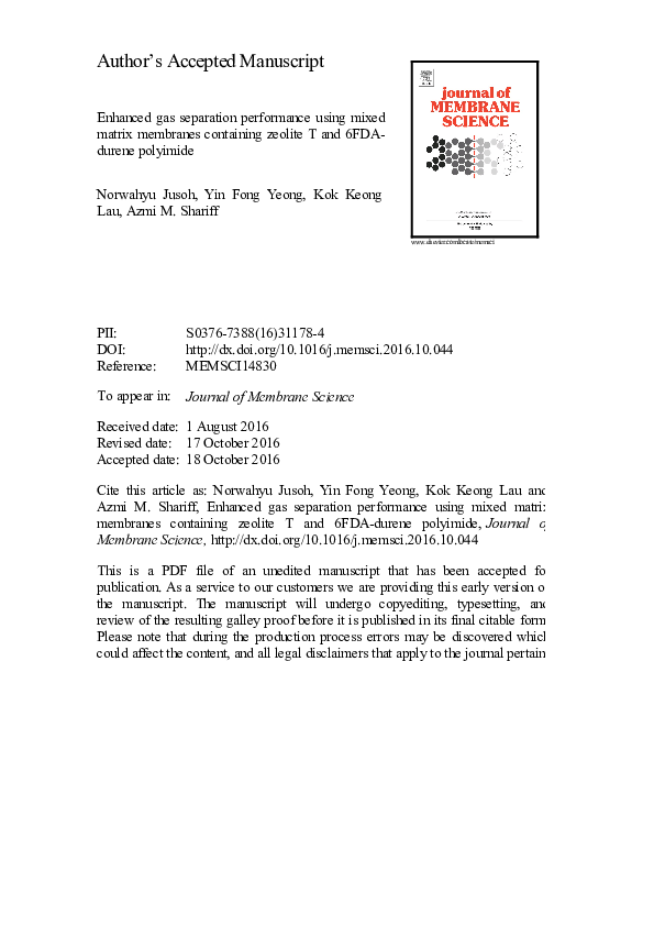 (PDF) Enhanced gas separation performance using mixed matrix membranes ...