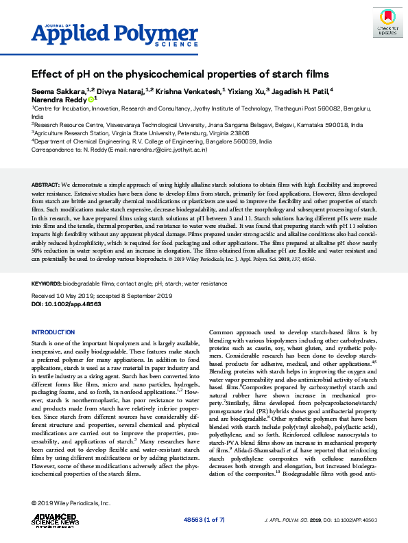 (PDF) Effect of pH on the physicochemical properties of starch films