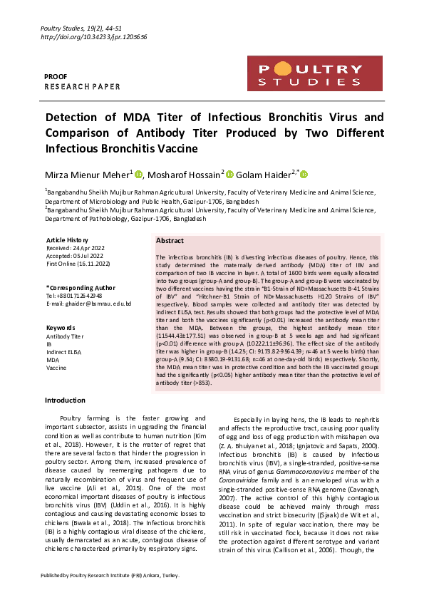 (PDF) Detection of MDA titer of ınfectious bronchitis virus and ...