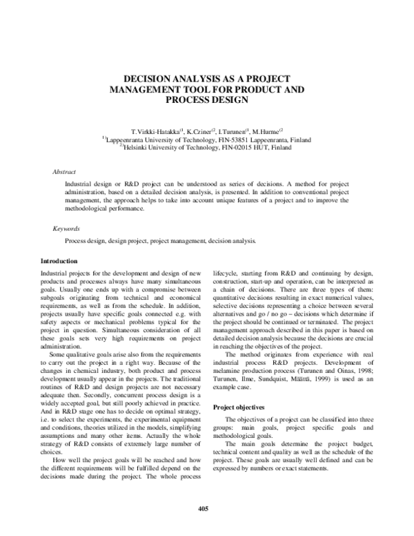 (PDF) Decision analysis as a project management tool for product and ...