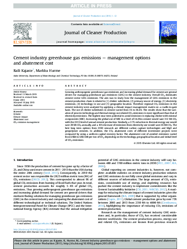 (PDF) Cement industry greenhouse gas emissions – management options and ...
