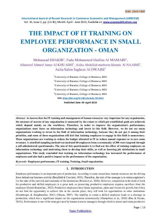 (PDF) The Impact of It Training on Employee Performance in Small ...