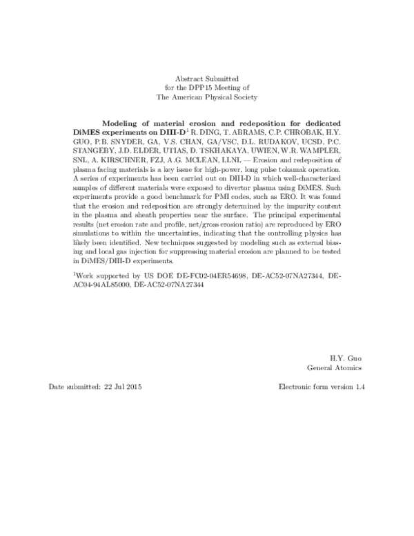 (PDF) Modeling of material erosion and redeposition for dedicated DiMES ...