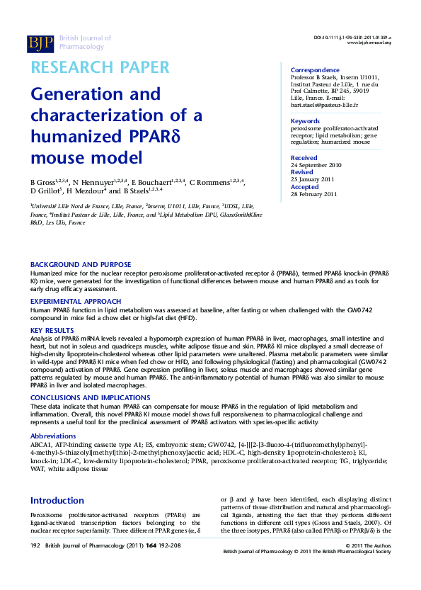 (PDF) Generation and characterization of a humanized PPARδ mouse model