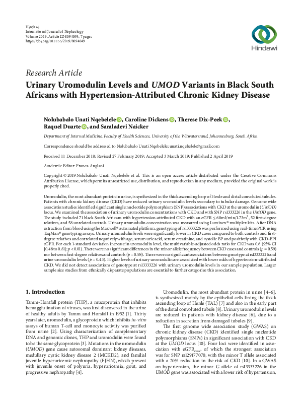 (PDF) Urinary Uromodulin Levels and UMOD Variants in Black South ...