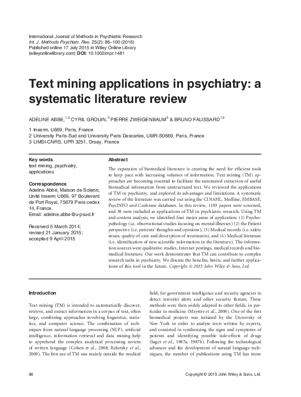 (PDF) Text mining applications in psychiatry: a systematic literature ...