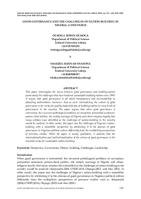 (PDF) Good Governance and the Challenges of Nation-Building in Nigeria ...