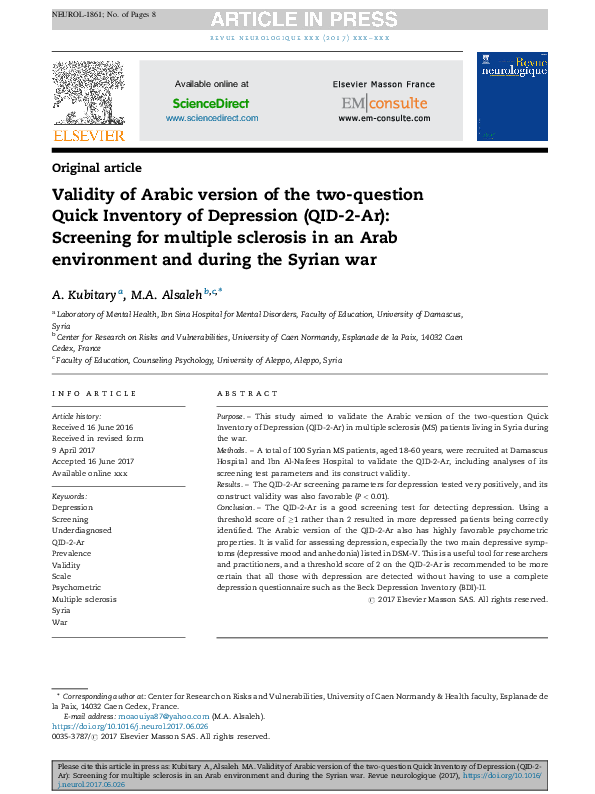 (PDF) Validity of Arabic version of the two-question Quick Inventory of ...