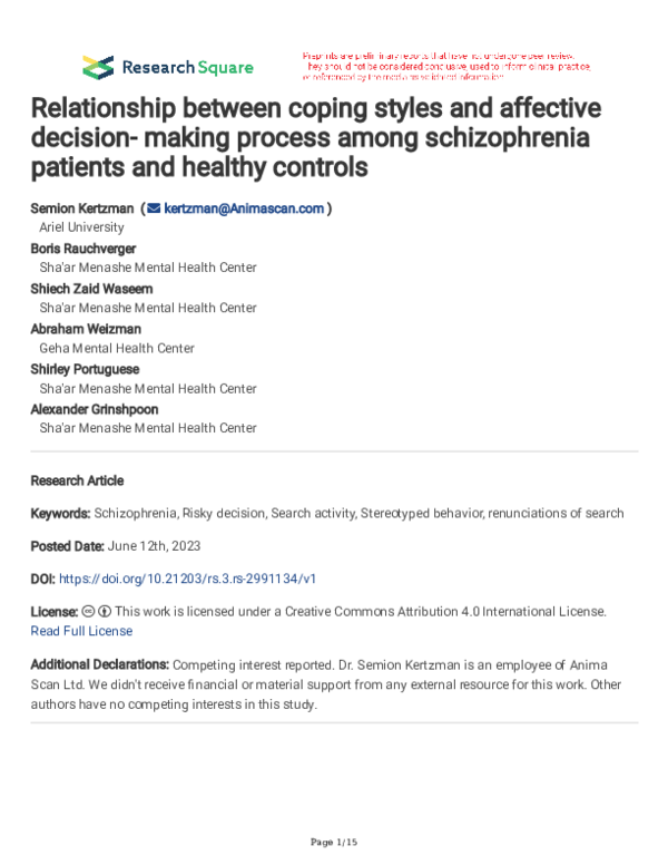 (PDF) Relationship between coping styles and affective decision- making ...