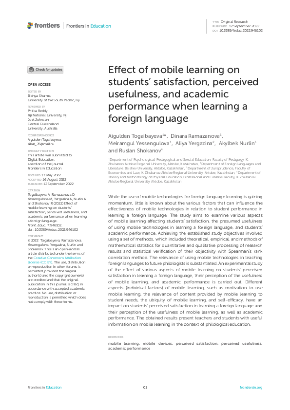 (PDF) Effect of mobile learning on students' satisfaction, perceived ...