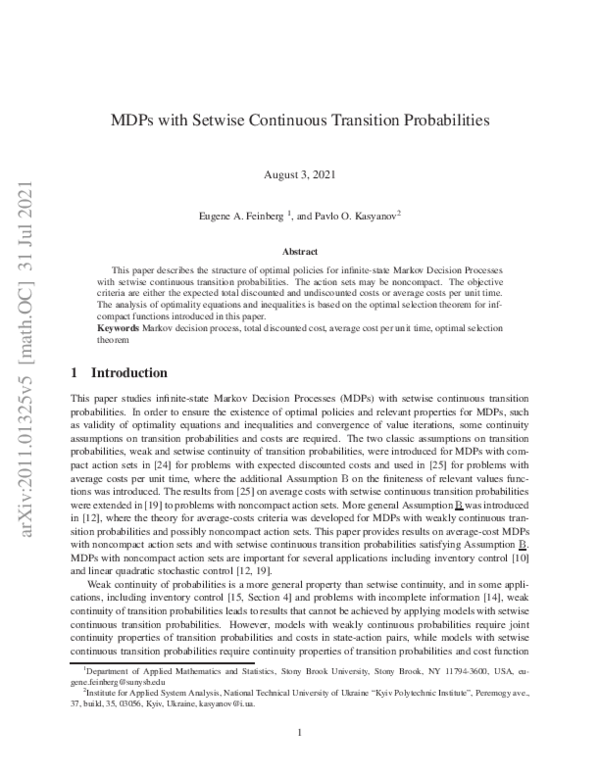 (PDF) MDPs with setwise continuous transition probabilities