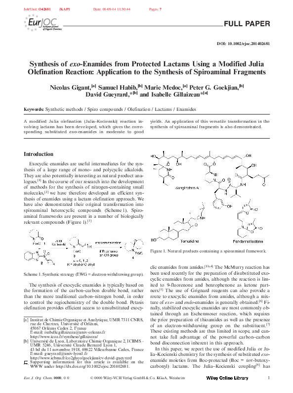 (PDF) Synthesis ofexo-Enamides from Protected Lactams Using a Modified ...