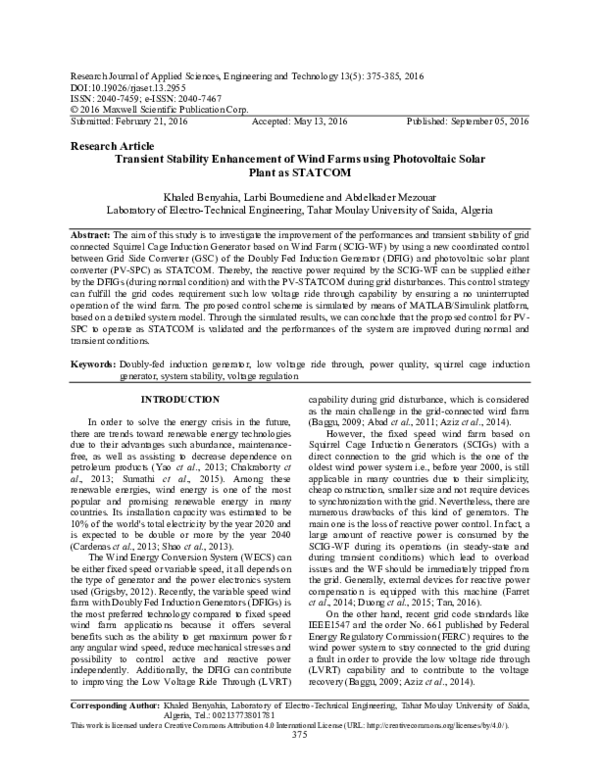 (PDF) Transient Stability Enhancement of Wind Farms using Photovoltaic ...