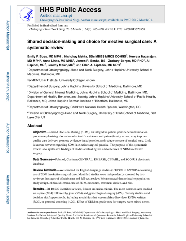 (PDF) Shared Decision Making and Choice for Elective Surgical Care: A ...