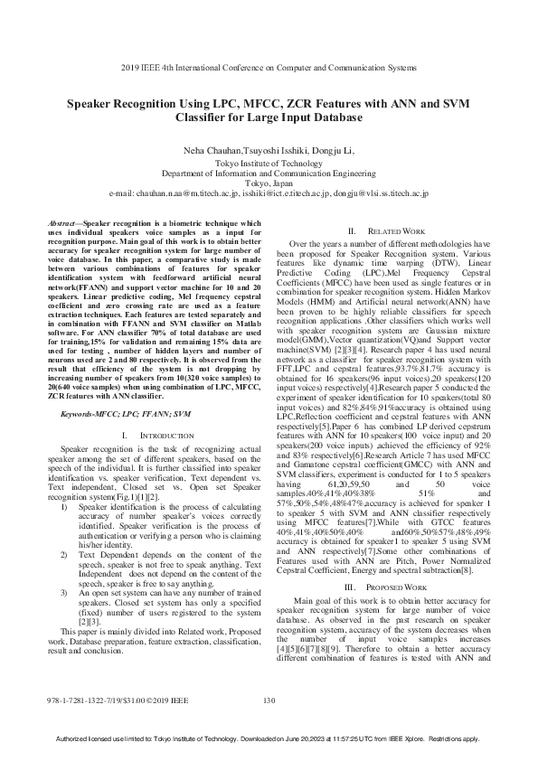 (PDF) Speaker Recognition Using LPC, MFCC, ZCR Features with ANN and ...