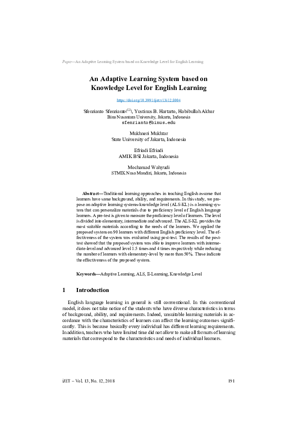 (PDF) An Adaptive Learning System based on Knowledge Level for English ...