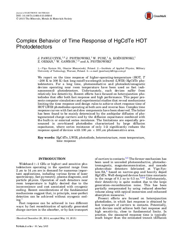(PDF) Complex Behavior of Time Response of HgCdTe HOT Photodetectors