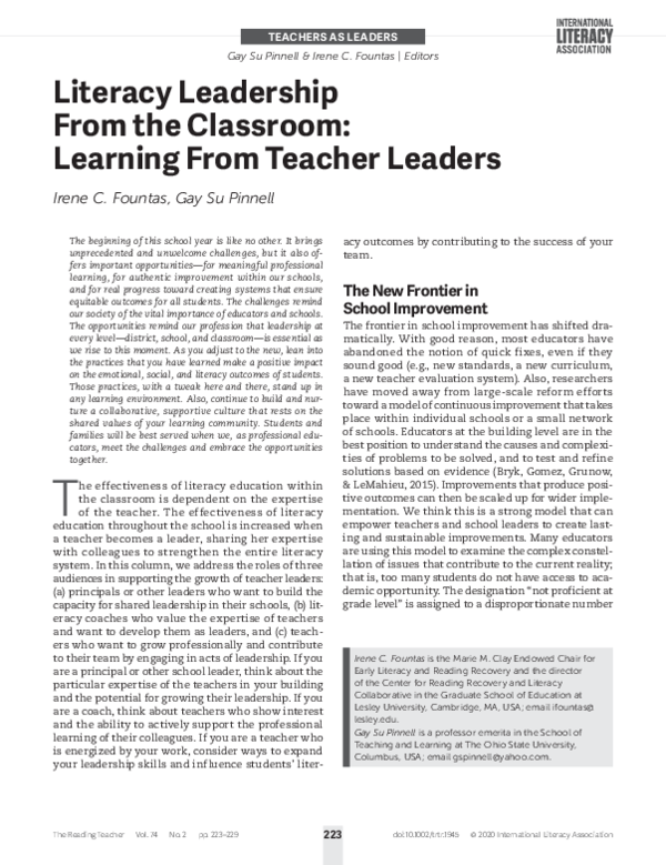 (PDF) Literacy Leadership From the Classroom: Learning From Teacher Leaders
