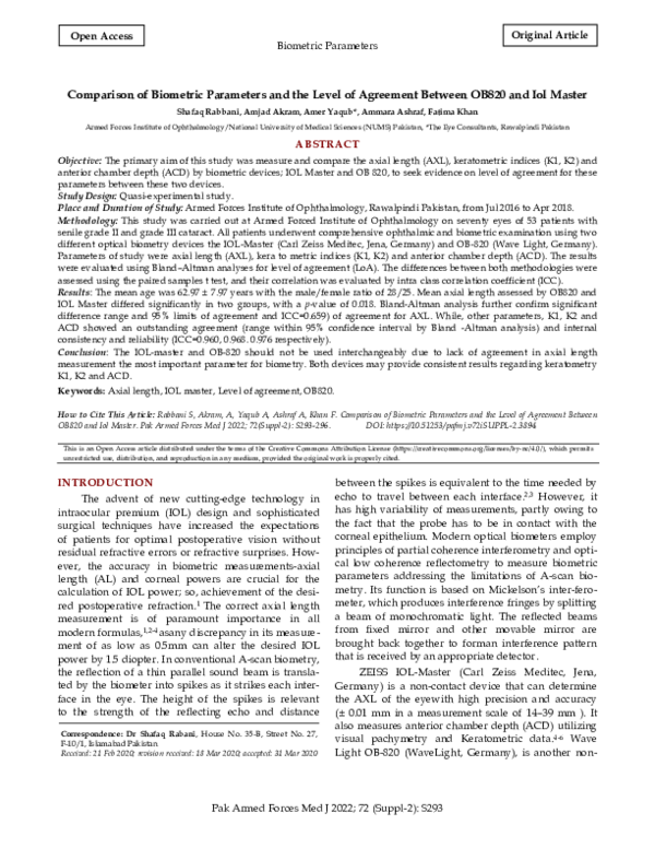 (PDF) Comparison of Biometric Parameters and the Level of Agreement ...