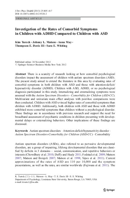 (PDF) Investigation of the Rates of Comorbid Symptoms in Children with ...