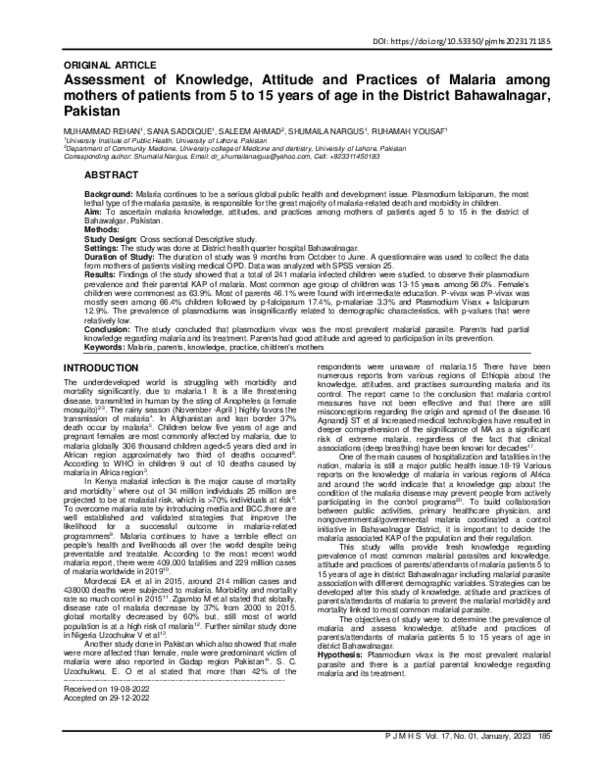 (PDF) Assessment of Knowledge, Attitude and Practices of Malaria among ...