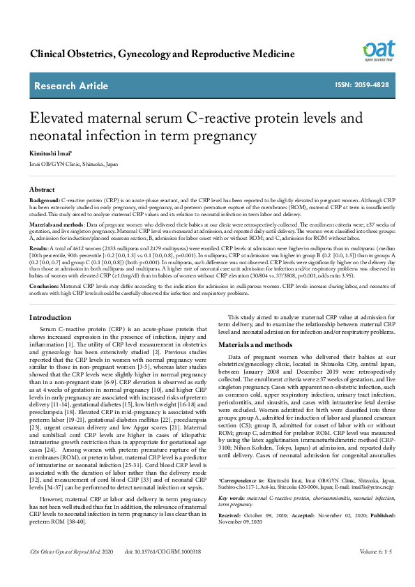 (PDF) Elevated maternal serum C-reactive protein levels and neonatal ...