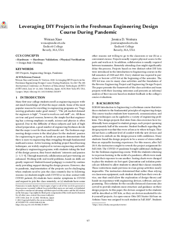 (PDF) Leveraging DIY Projects in the Freshman Engineering Design Course ...