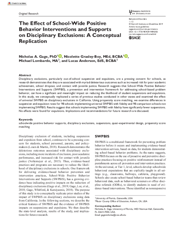 (PDF) The Effect of School-Wide Positive Behavior Interventions and ...