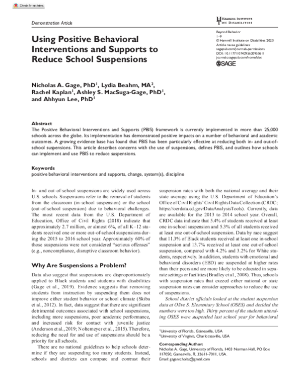 (PDF) Using Positive Behavioral Interventions and Supports to Reduce ...