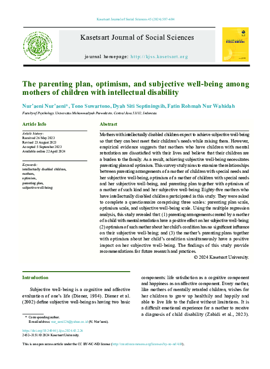 Pdf The Parenting Plan Optimism And Subjective Well Being Among
