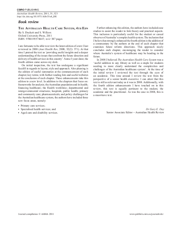 PDF) The Australian Health Care System, 4th edn, by S. Duckett and