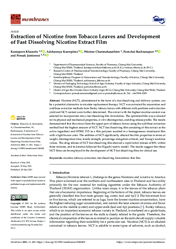 PDF) Extraction of Nicotine from Tobacco Leaves and Development of Fast  Dissolving Nicotine Extract Film