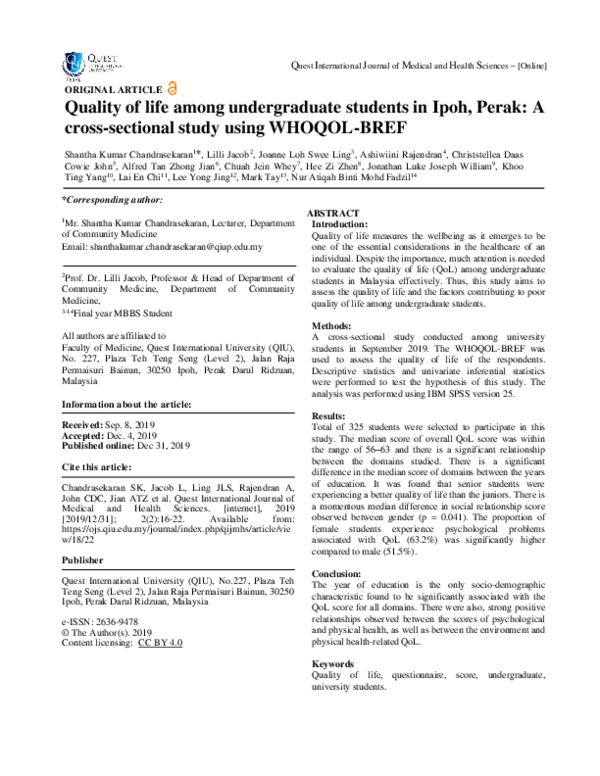 PDF) Quality of life among undergraduate students in Ipoh