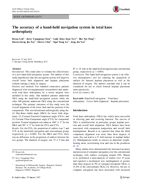 (PDF) The accuracy of a hand-held navigation system in total knee ...