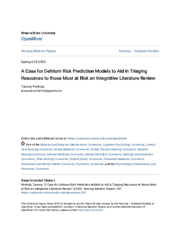 (PDF) A Case for Delirium Risk Prediction Models to Aid in Triaging ...