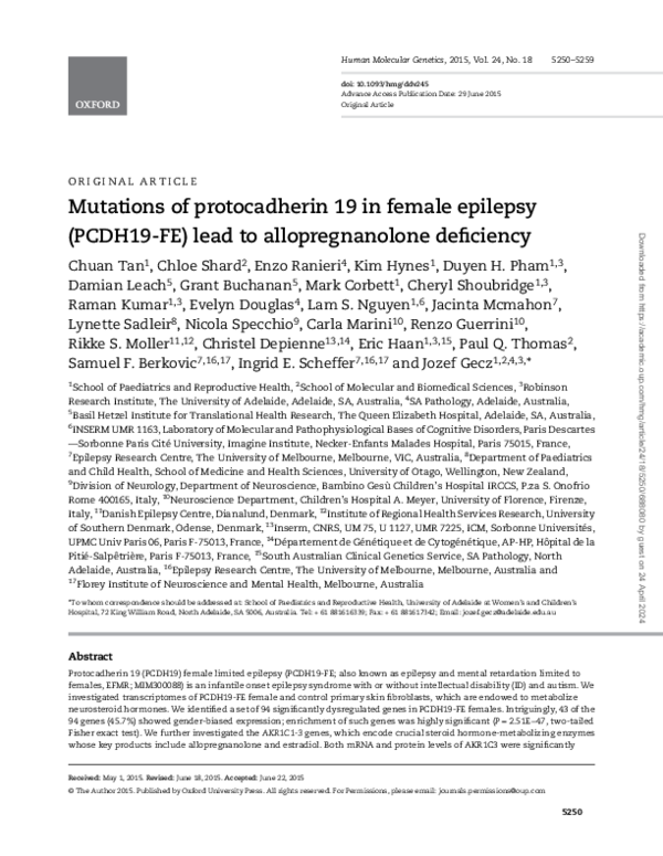 (PDF) Mutations of protocadherin 19 in female epilepsy (PCDH19-FE) lead ...