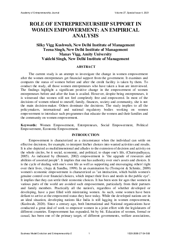 (PDF) Role of Entrepreneurship Support in Women Empowerment: An ...