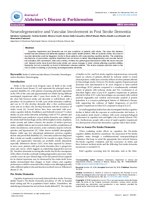 (PDF) Neurodegenerative and Vascular Involvement in Post Stroke Dementia