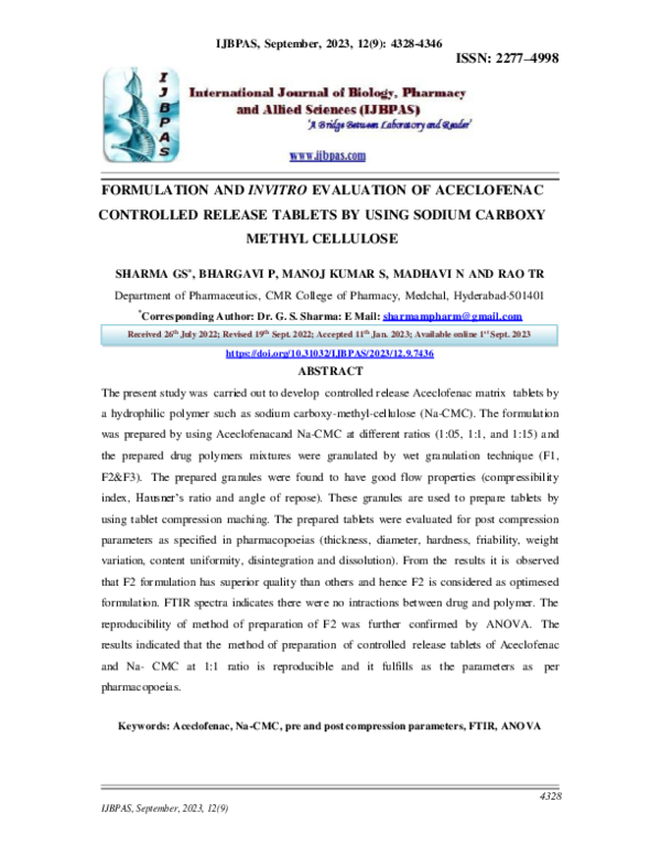 (PDF) FORMULATION AND INVITRO EVALUATION OF ACECLOFENAC CONTROLLED ...